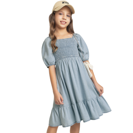 Vestido Tecido Jeans Com Manga e Elastano