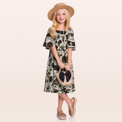 Vestido Midi Estampado com Manga