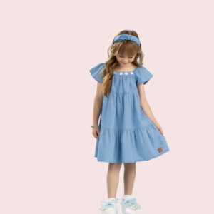 Vestido Jeans Com flor e pérola