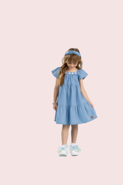 Vestido Jeans Com flor e pérola