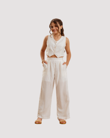 CONJUNTO CALÇA COM COLETE ALFAITARIA OFF WHITE COM DOURADO